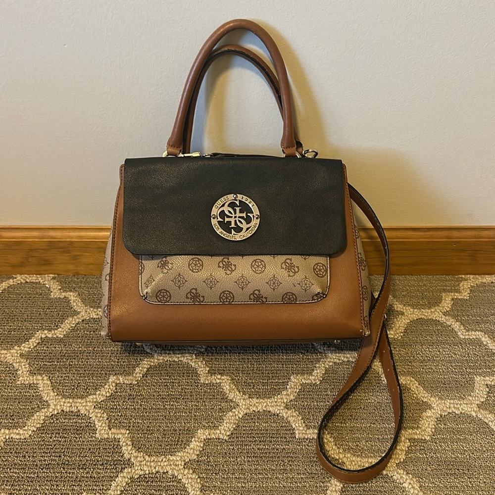 Brown and Black Logo Print Guess Purse